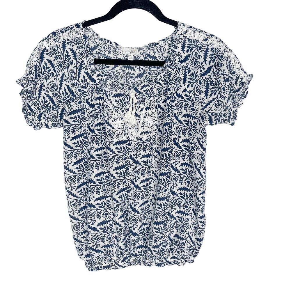 Petit Joie Girls Size 14 Blue White Floral Print Tassel Tie Short Sleeve Blouse